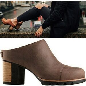 Sorel Tan Leather Block Heel Mules